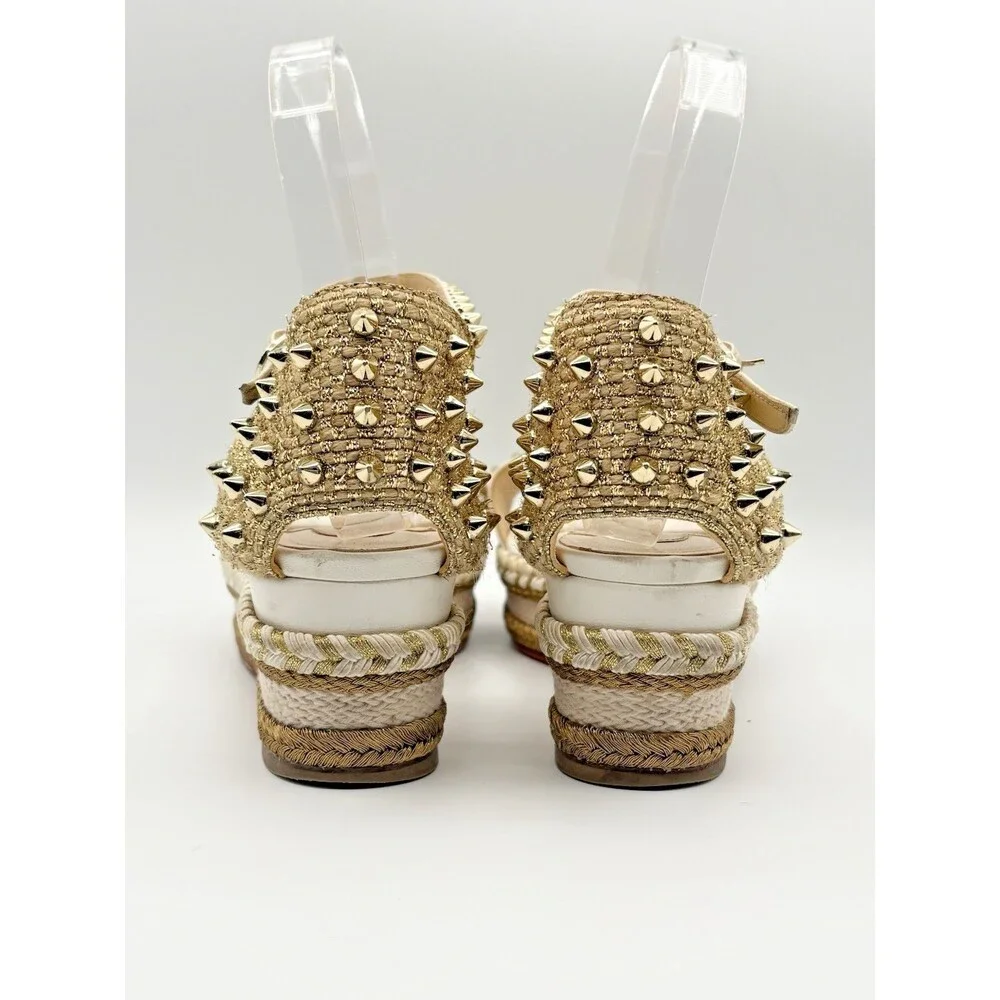 Christian Louboutin Madmonica 60 White Leather Gold Spike Wedge Espadrille EU 37